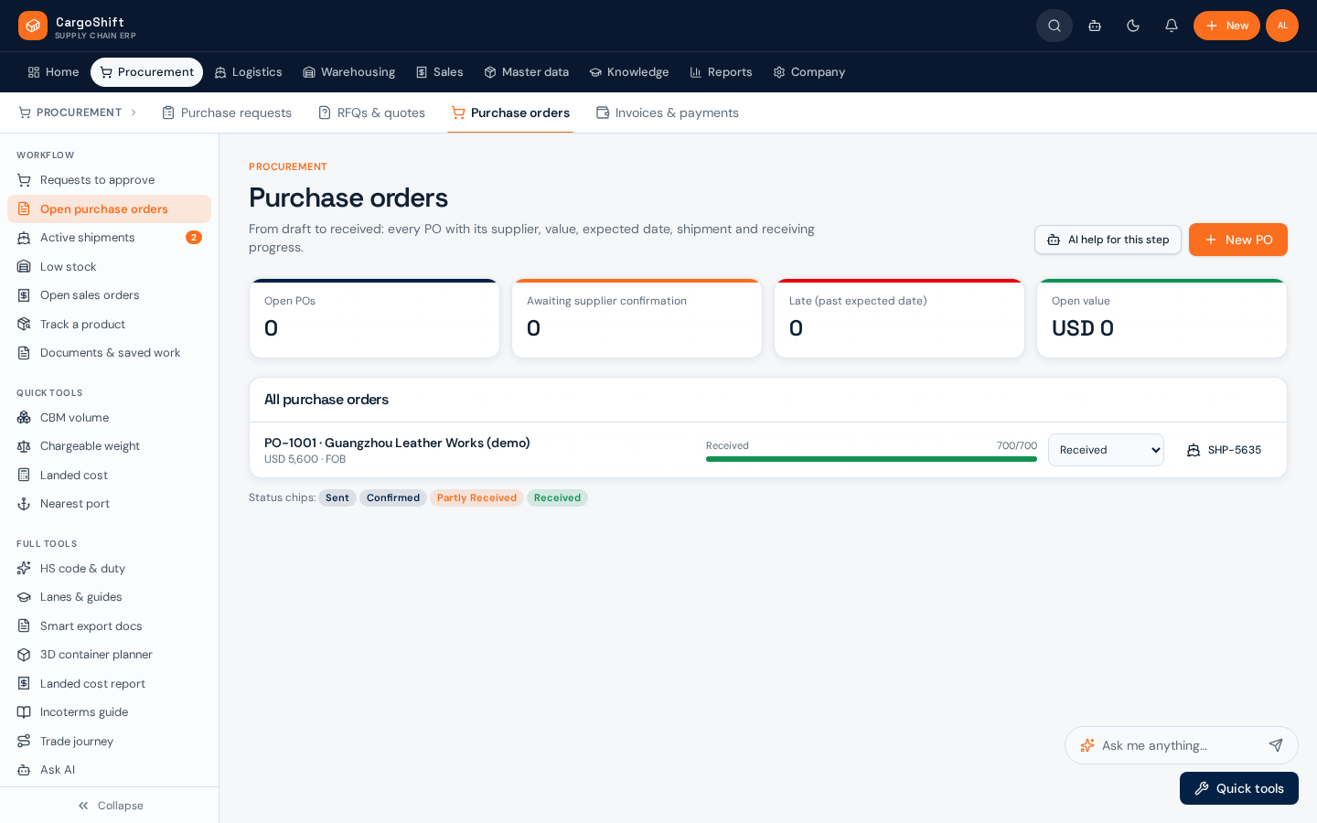 Purchase orders list in the CargoShift workspace