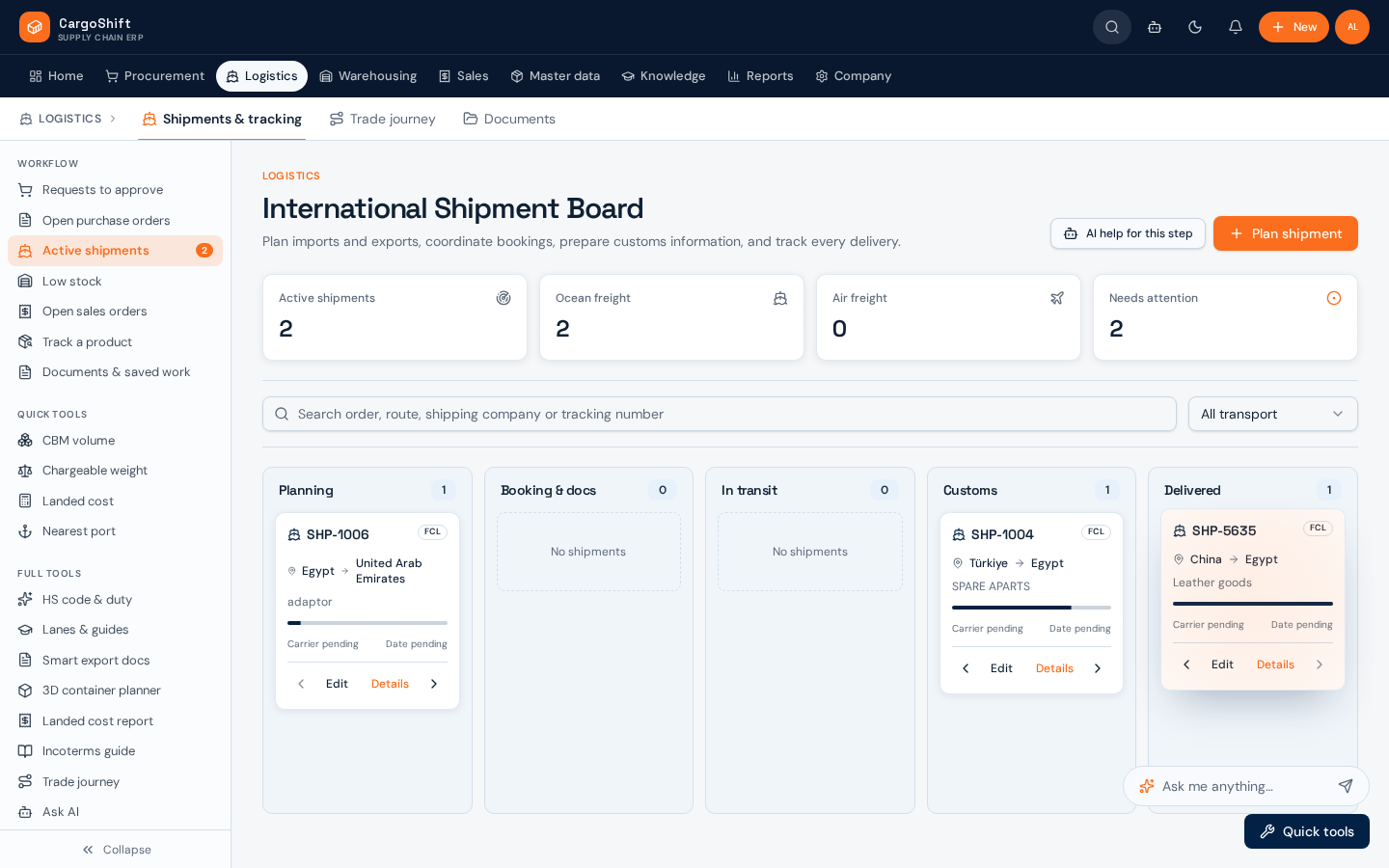 Shipment board with stages in the CargoShift workspace