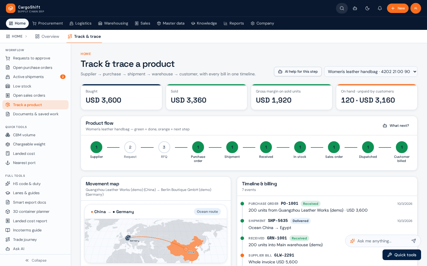 Track & trace screen showing one product's flow from supplier to customer